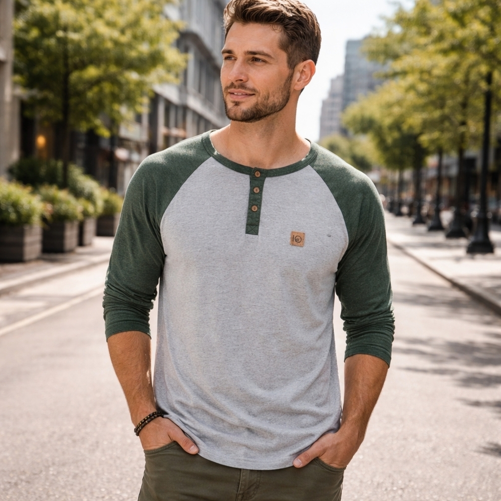 Tentree Organic Cotton Tencel Raglan Henley Shirt Gray Green Casual Tee